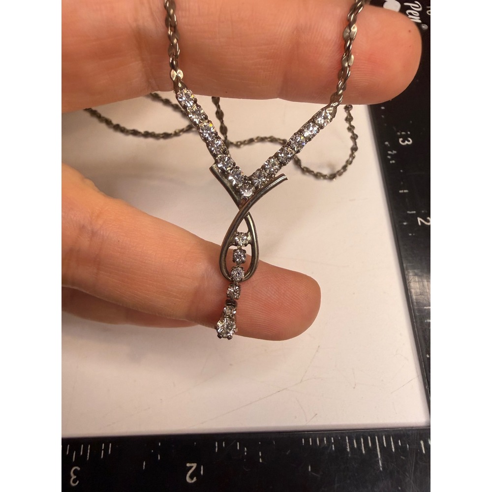 Silver Tone Crystal Y-Drop Necklace Twisted Rope Chain Clear Stone Pendant 17 In